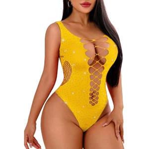Avidlove Rhinestone Bodysuit Tops Sparkle Fishnet Lingerie Sexy Outfit for Women Mesh Body Suit Teddy Lingeries(Yellow)