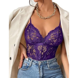 Avidlove Sexy Lace V Neck Teddy Corset Bodysuit Lingerie Top 2 Piece Set with Garter Belt(Purple)