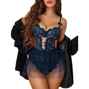 Avidlove Sexy Lingerie Set Lace Underwired Bodysuit with Detachable Mesh Mini Skirt Push Up Teddy Lingerie(Navy Blue)