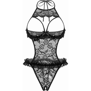 Avidlove Sexy Lingerie for Women Halter Neck One Piece Teddy Bodysuit Lace Mini Babydoll Sleepwear(1-black)