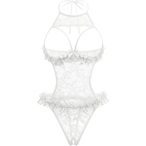 Avidlove Sexy Lingerie for Women Halter Neck One Piece Teddy Bodysuit Lace Mini Babydoll Sleepwear(White)