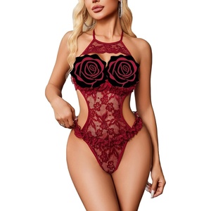 Avidlove Sexy Lingerie for Women Halter Neck One Piece Teddy Bodysuit Lace Mini Babydoll Sleepwear(Wine Red)