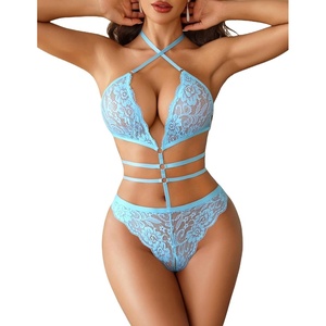 Avidlove Sexy Lingerie for Women Halter V Neck Teddy Cut Out One Piece Lace Bodysuit(Light Blue)