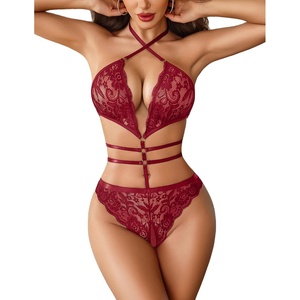 Avidlove Sexy Lingerie for Women Halter V Neck Teddy Cut Out One Piece Lace Bodysuit(Wine Red)