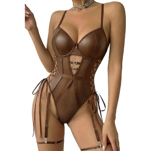 Avidlove Sexy Lingerie for Women Leather Teddy Lingerie Mesh Bodysuit Garter Belt Set S-XXL(No leg ring)(Brown)