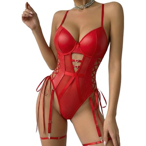 Avidlove Sexy Lingerie for Women Leather Teddy Lingerie Mesh Bodysuit Garter Belt Set S-XXL(No leg ring)(Red)