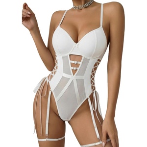 Avidlove Sexy Lingerie for Women Leather Teddy Lingerie Mesh Bodysuit Garter Belt Set S-XXL(No leg ring)(White)