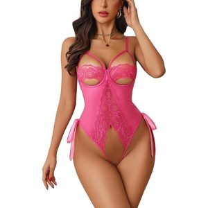 Avidlove Sexy Lingerie for Women One Piece Lingerie Cutout Teddy Underwire Bodysuits Mini Lace Leather Body Suit Lace-Up Back(Rose Red)