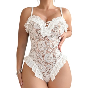 Avidlove Sexy Lingerie for Women Ruffle Lace Teddy Lace-Up Snap Crotch(1-white(with Snap Crtoch))