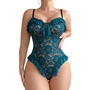 Avidlove Sexy Lingerie for Women Ruffle Lace Teddy Lace-Up Snap Crotch(Blue Green)