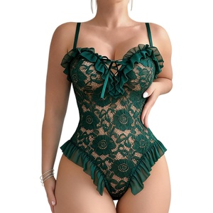 Avidlove Sexy Lingerie for Women Ruffle Lace Teddy Lace-Up Snap Crotch(Green)