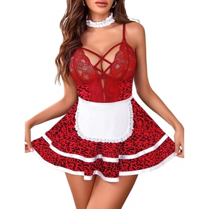 Avidlove Sexy Maid Lingerie for Women Halloween Outfit French Maid Costume Babydoll Lingerie Dress Cosplay Lingeries(Red and Black Leopard Print)