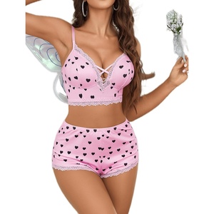 Avidlove Sexy Pajamas V Neck Womens Pajama Sets Shorts Lace Trim Cami Pj Set 2 piece PJS Lingerie Sleepwear(Love Heart)