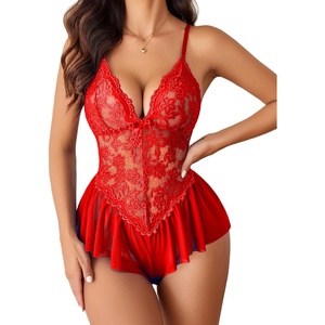 Avidlove Teddy Lingerie for Women Lace Bodysuit One Piece Babydoll | Soft mesh chemise, V neck sleepwear, adjustable straps, wireless cups, curve-friendly fit, for date night or boudoir shoot(Red)