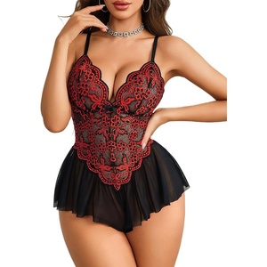 Avidlove Teddy Lingerie for Women Lace Bodysuit One Piece Babydoll | Soft mesh chemise, V neck sleepwear, adjustable straps, wireless cups, curve-friendly fit, for date night or boudoir shoot(Black Red)