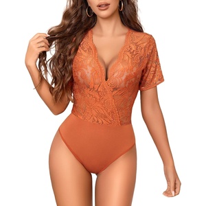 Avidlove Women Lace Bodysuit Lingerie Tops Sexy Deep V Bodysuit Tops One Piece Body Suit Short Sleeve S-XXXL(Brown-(with Snap Crotch))