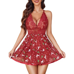 Avidlove Women Lingerie Lace Babydoll Strap Chemise Halter Teddy V Neck Mesh Nightgown(Y Christmas Red)