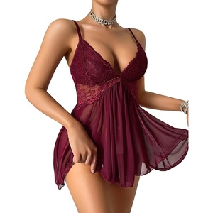 Avidlove Women Lingerie Lace Babydoll V Neck Sexy Sleepwear Strap Chemise(Dark Red)