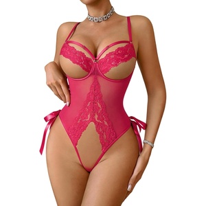Avidlove Women Lingerie Lace Teddy Cut Out Mini Bodysuit One Piece Babydoll Underwire Lingerie with Lace-up Back(Rose Red)