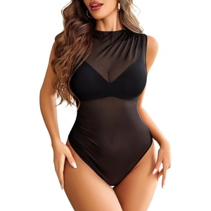 Avidlove Women Lingerie Sleeveless Ruched Bodysuit Mesh Going Out Tops(Black)