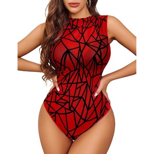 Avidlove Women Lingerie Sleeveless Ruched Bodysuit Mesh Going Out Tops(Geo Pattern-red)