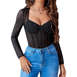 Avidlove Women Long Sleeve Bodysuit Sparkle Body Suits Top Mesh One Piece Leotard Shirt Going Out Tops Fall Outfits(Black)