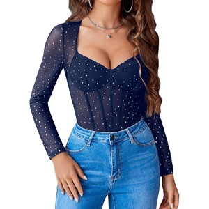 Avidlove Women Long Sleeve Bodysuit Sparkle Body Suits Top Mesh One Piece Leotard Shirt Going Out Tops Fall Outfits(Navy)