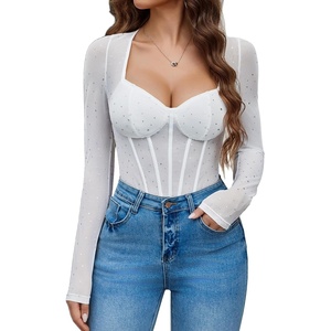 Avidlove Women Long Sleeve Bodysuit Sparkle Body Suits Top Mesh One Piece Leotard Shirt Going Out Tops Fall Outfits(White)