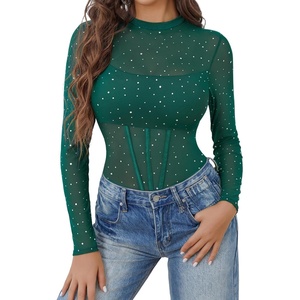 Avidlove Women Mesh Bodysuit Lingerie Mock Neck Long Sleeve Sheer Rhinestone Going Out Top(Green)