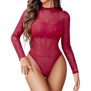 Avidlove Women Mesh Bodysuit Lingerie Mock Neck Long Sleeve Sheer Rhinestone Going Out Top(Wine Red)