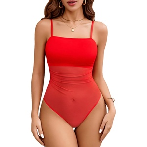 Avidlove Women Mesh Bodysuit Top Sexy Spaghetti Strap Cami Sleeveless Sheer Going Out Tops Concert Outfits(Red)