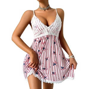 Avidlove Women Nightgown Sexy Sleepwear Lace Chemise V-neck Modal Babydoll Lounge Dress(Independence Day)