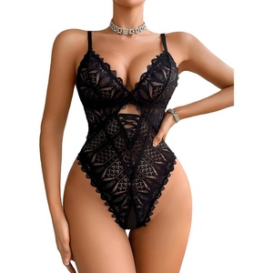 Avidlove Women One Piece Lingerie Sexy Lace Bodysuit Deep V Teddy Criss Cross Sexy Sleepwear(Black)