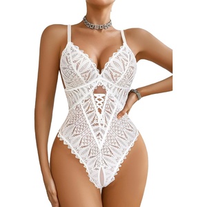 Avidlove Women One Piece Lingerie Sexy Lace Bodysuit Deep V Teddy Criss Cross Sexy Sleepwear(White)