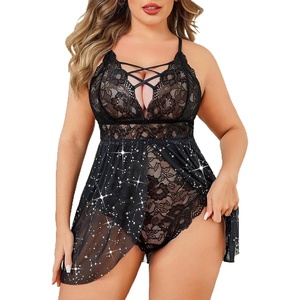 Avidlove Women Plus Size Lingerie Lace Babydoll V Neck Bodysuit Sleepwear(Star Print)
