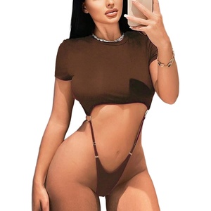 Avidlove Women Sexy Cut Out Lingerie Bodysuit Short Sleeve Slim Crop Tops(Brown)