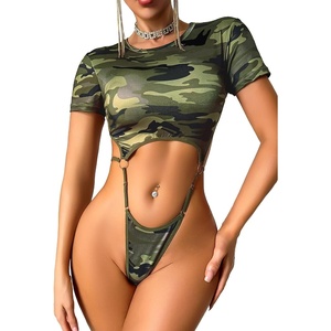 Avidlove Women Sexy Cut Out Lingerie Bodysuit Short Sleeve Slim Crop Tops(Camo)