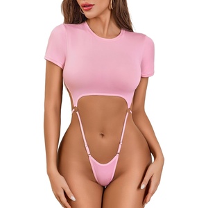 Avidlove Women Sexy Cut Out Lingerie Bodysuit Short Sleeve Slim Crop Tops(Pink)