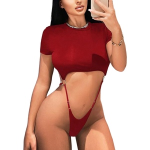 Avidlove Women Sexy Cut Out Lingerie Bodysuit Short Sleeve Slim Crop Tops(Wine Red)