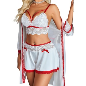 Avidlove Women Sexy Pajamas Set 3 Piece Lingerie Lace Cami Sleepwear and Silk Satin Pjs Sets with Mesh Kimono Robe(White Mix Red)