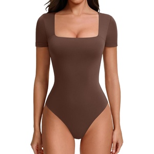 Avidlove Women’s Bodysuit Short Sleeve Square Neck Body Suits Thong Double Lined Slim Fit Basic Tee Shirts(Brown)