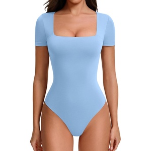 Avidlove Women’s Bodysuit Short Sleeve Square Neck Body Suits Thong Double Lined Slim Fit Basic Tee Shirts(Light Blue)