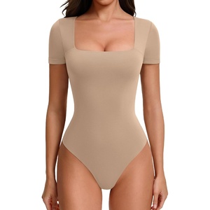 Avidlove Women’s Bodysuit Short Sleeve Square Neck Body Suits Thong Double Lined Slim Fit Basic Tee Shirts(Nude)