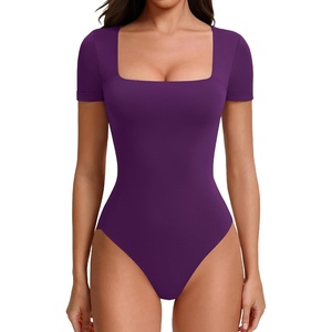 Avidlove Women’s Bodysuit Short Sleeve Square Neck Body Suits Thong Double Lined Slim Fit Basic Tee Shirts(Purple)
