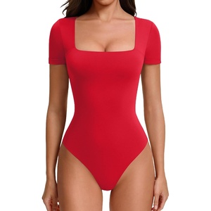 Avidlove Women’s Bodysuit Short Sleeve Square Neck Body Suits Thong Double Lined Slim Fit Basic Tee Shirts(Red)
