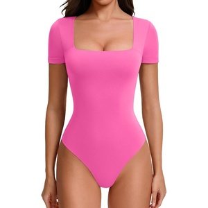 Avidlove Women’s Bodysuit Short Sleeve Square Neck Body Suits Thong Double Lined Slim Fit Basic Tee Shirts(Rose Red)