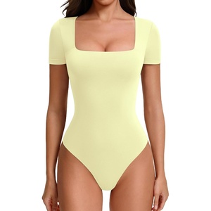 Avidlove Women’s Bodysuit Short Sleeve Square Neck Body Suits Thong Double Lined Slim Fit Basic Tee Shirts(Yellow)