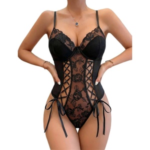 Avidlove Women’s Lace Up Front V Neck Bustier Lingerie Sexy One Piece Teddy Lingerie Bodysuit Boudoir Outfit(Black)