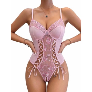 Avidlove Women’s Lace Up Front V Neck Bustier Lingerie Sexy One Piece Teddy Lingerie Bodysuit Boudoir Outfit(Pink)
