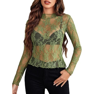 Avidlove Women’s Mesh Top Long Sleeve Mock Neck Sheer Blouse See Through Floral Lace Tops(Army Green)